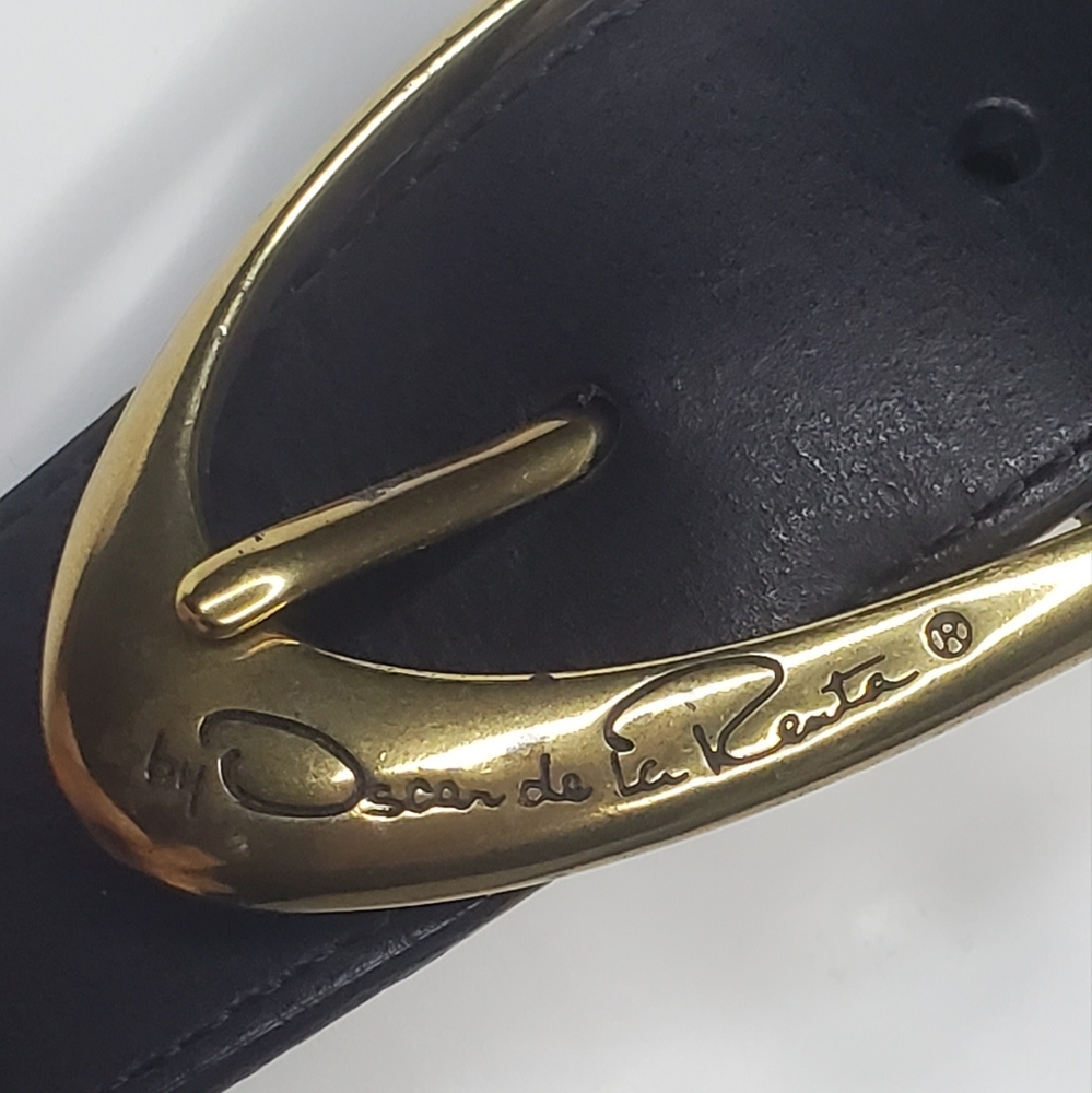 Oscar De La Renta 38"x 1 1/2" inch Black Leather Belt with Gold Brass Buckle - Picture 6 of 8